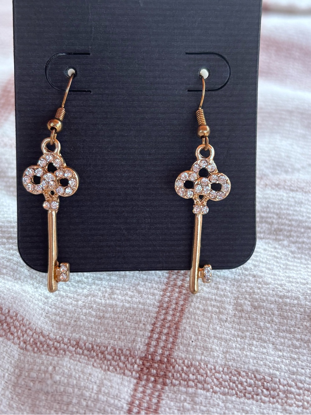 Gold Key Dangle Earrings with Clear Crystals -